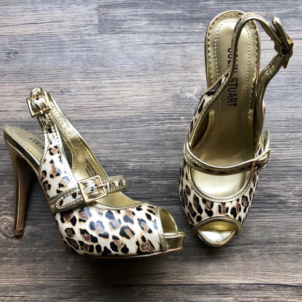 Colin Stuart Leopard Gold Buckle Strap Heels Pumps